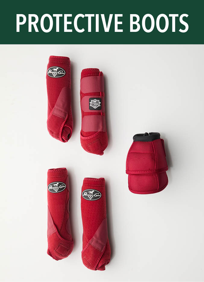 Red protective horse boots displayed on a white background with the label 