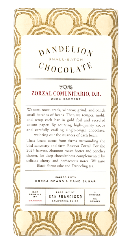 Dandelion Chocolate Zorzal Comunitario packaging with description and ingredients.