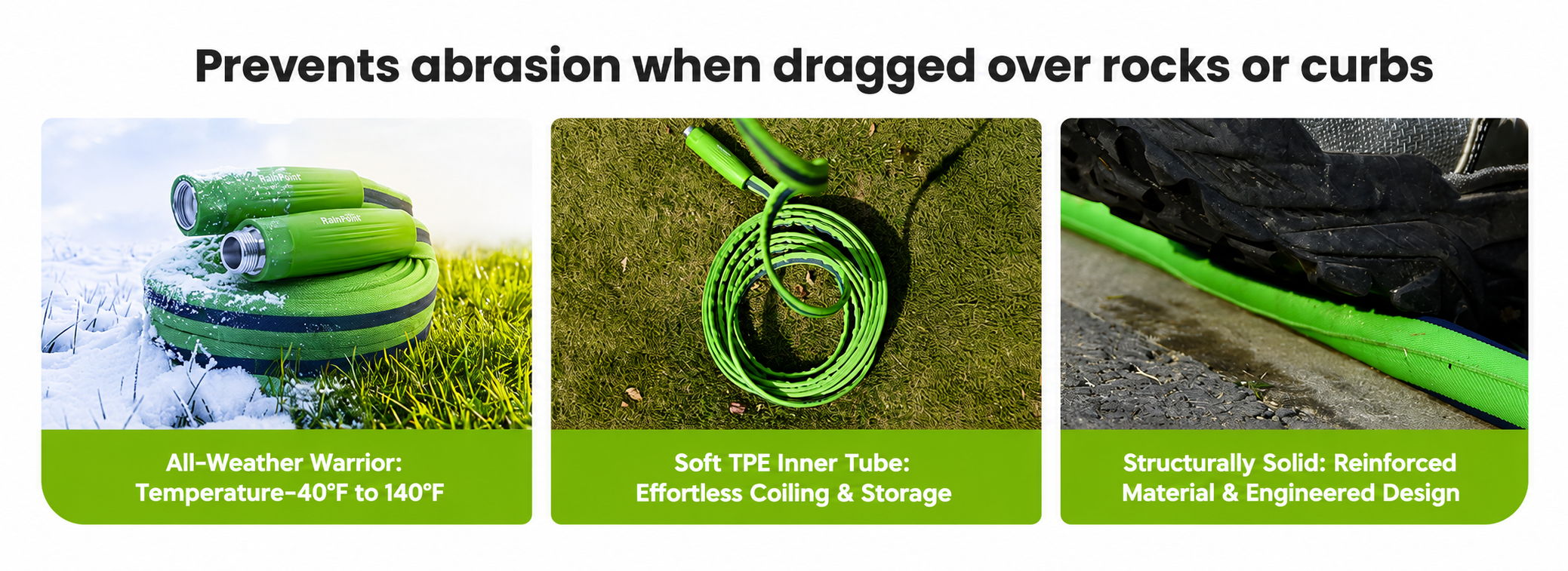Image showcasing hose protection features against abrasion on rough surfaces.