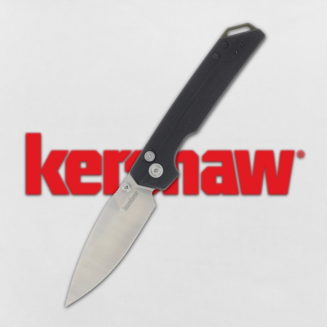 A folding knife with a black handle and a stainless steel blade.