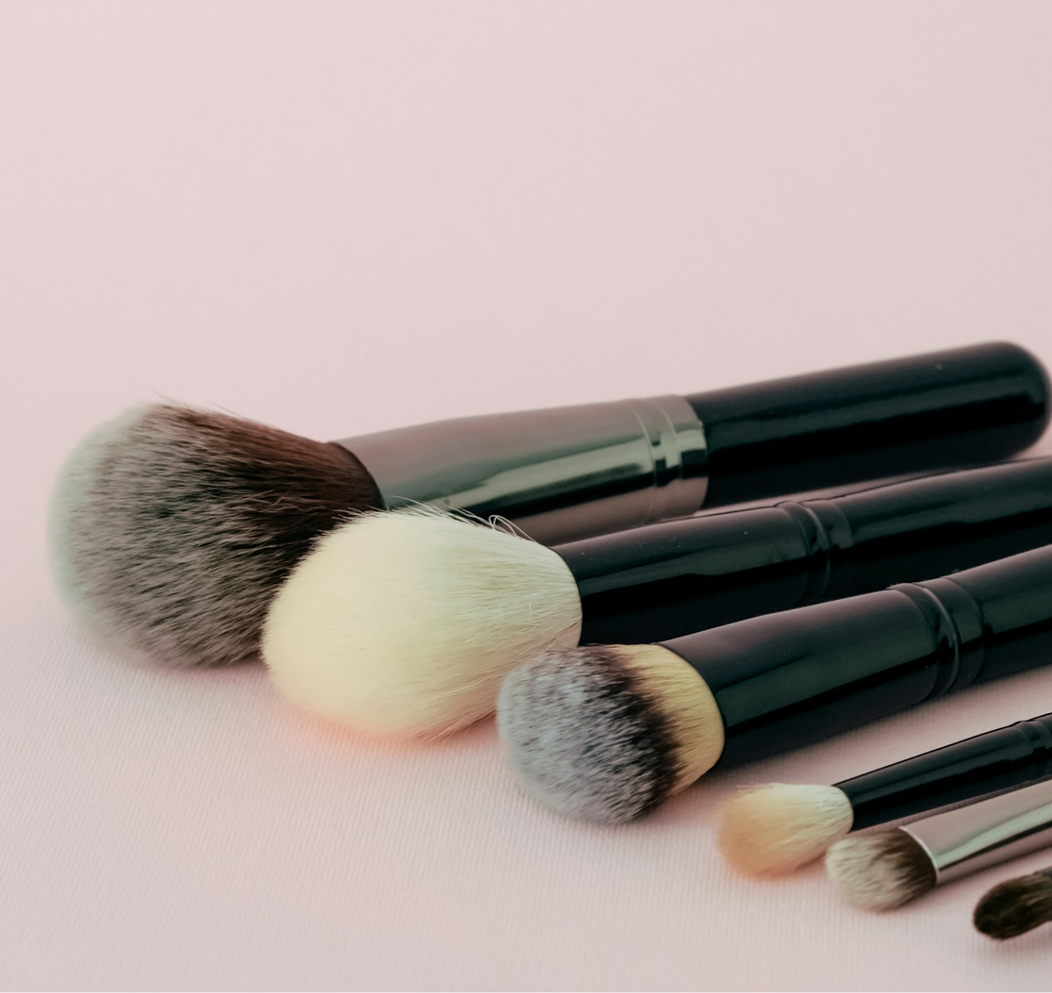 A selection of makeup brushes, arranged left to right from largest to smallest