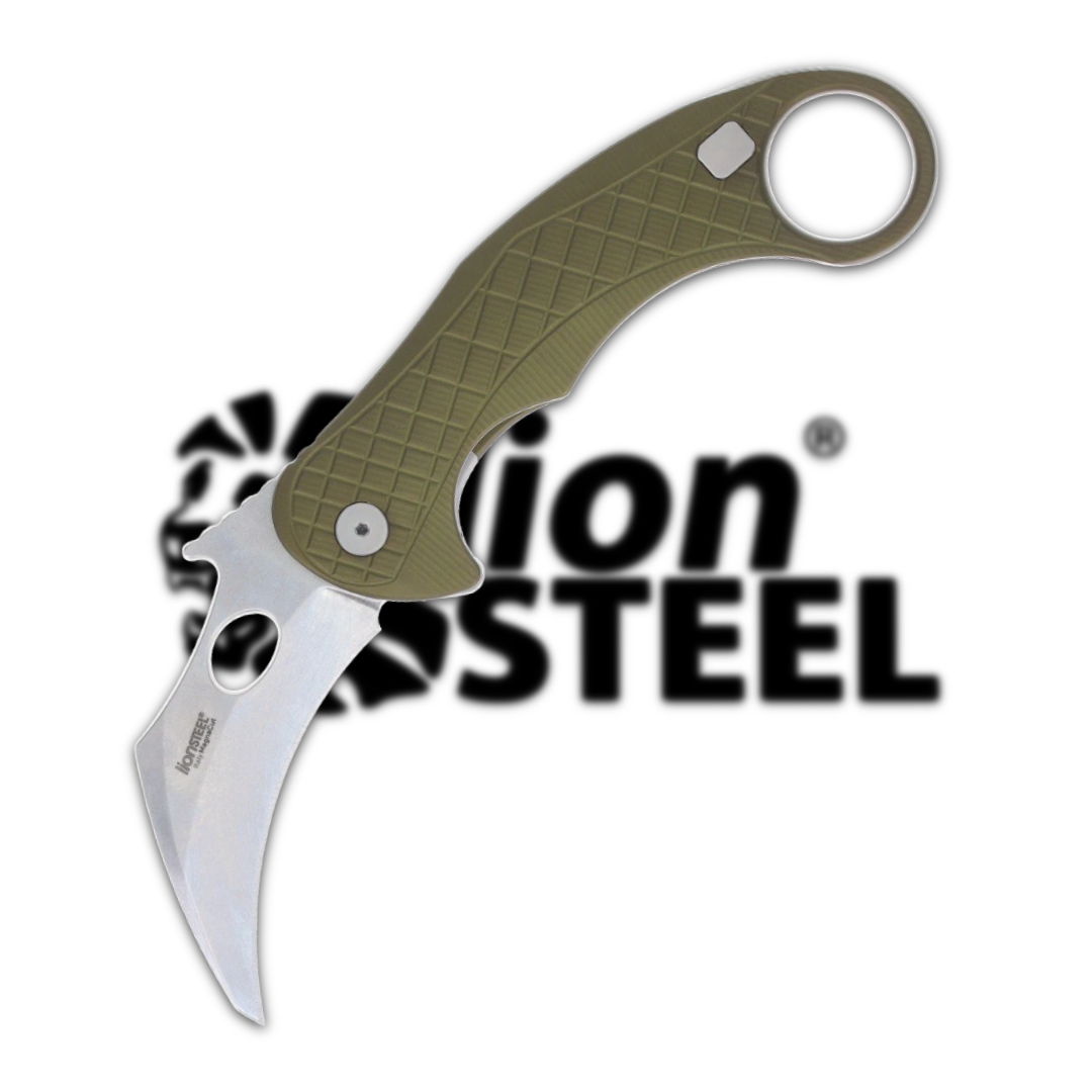 A curved knife with a green handle next to a logo.