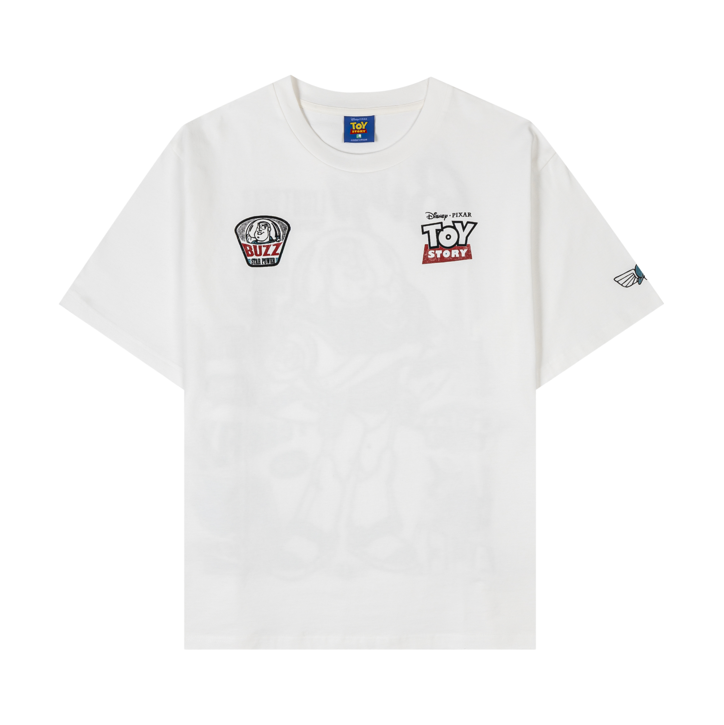 White t-shirt featuring Toy Story graphics and patches.