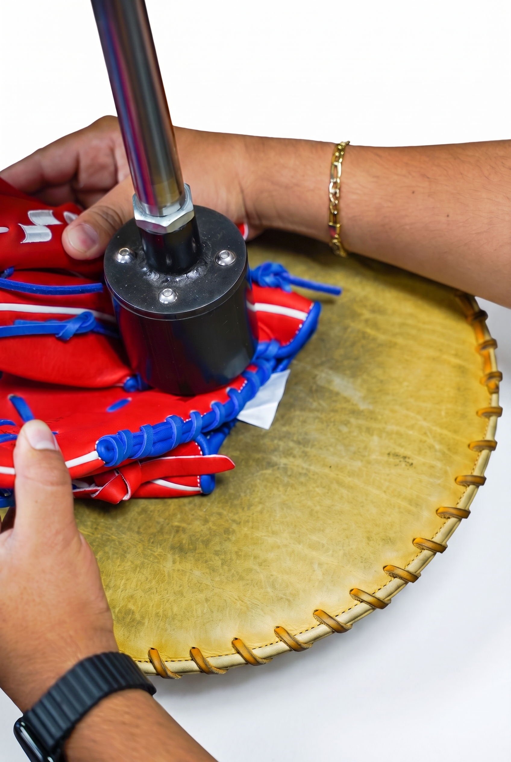 Expert hand shaping of an SSK baseball glove