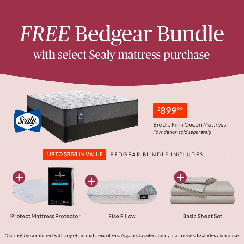 Promotional image for free Bedgear bundle with Sealy mattress purchase.