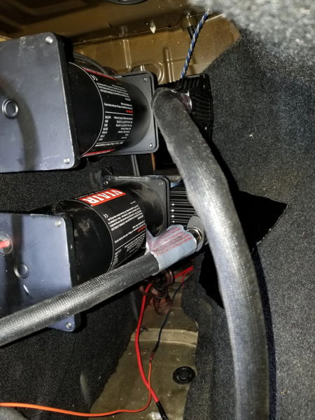 Dual VIAIR air compressors vertical mount braided hoses wiring Michael's 2012 Mazda 6 Conductor's Special 244K Spare Tire Delete HornBlasters gallery photo 2