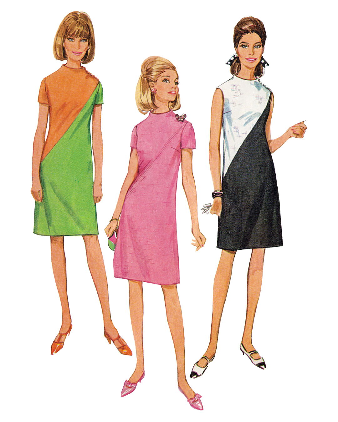 Three fashionable women wearing colorful dresses from the 1960s.