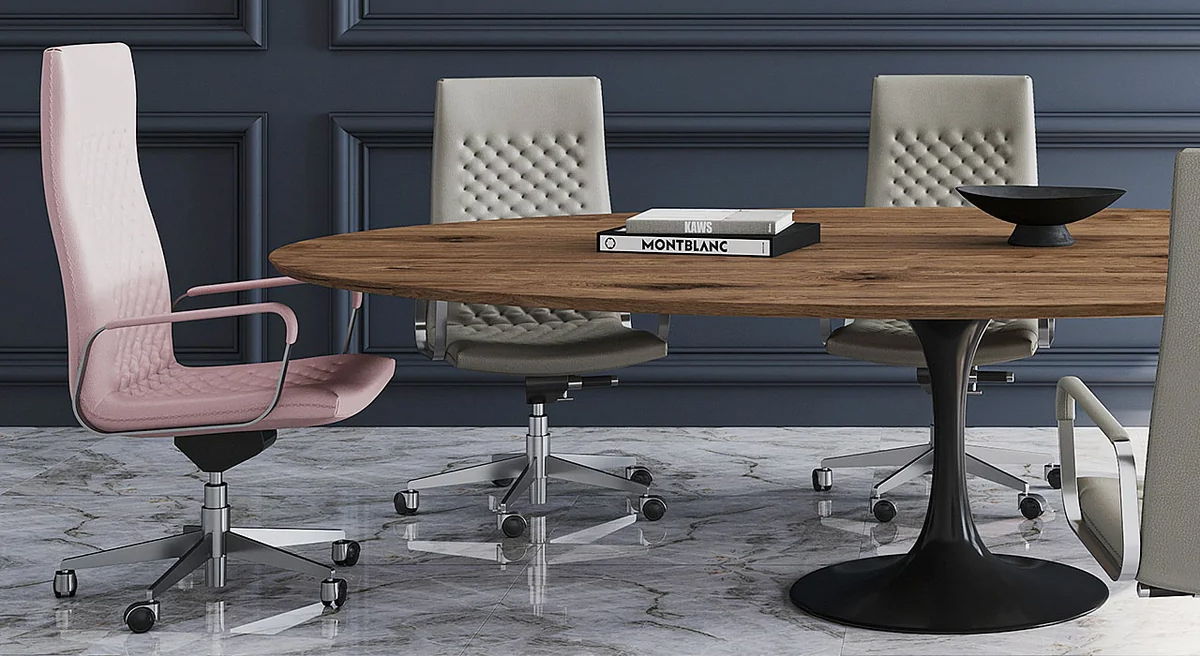 Modern DS-1051 office chair with a round wooden table and stylish chairs.