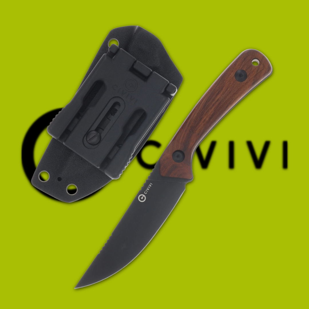 Civivi knife with a black and wooden handle, displayed on a green background.