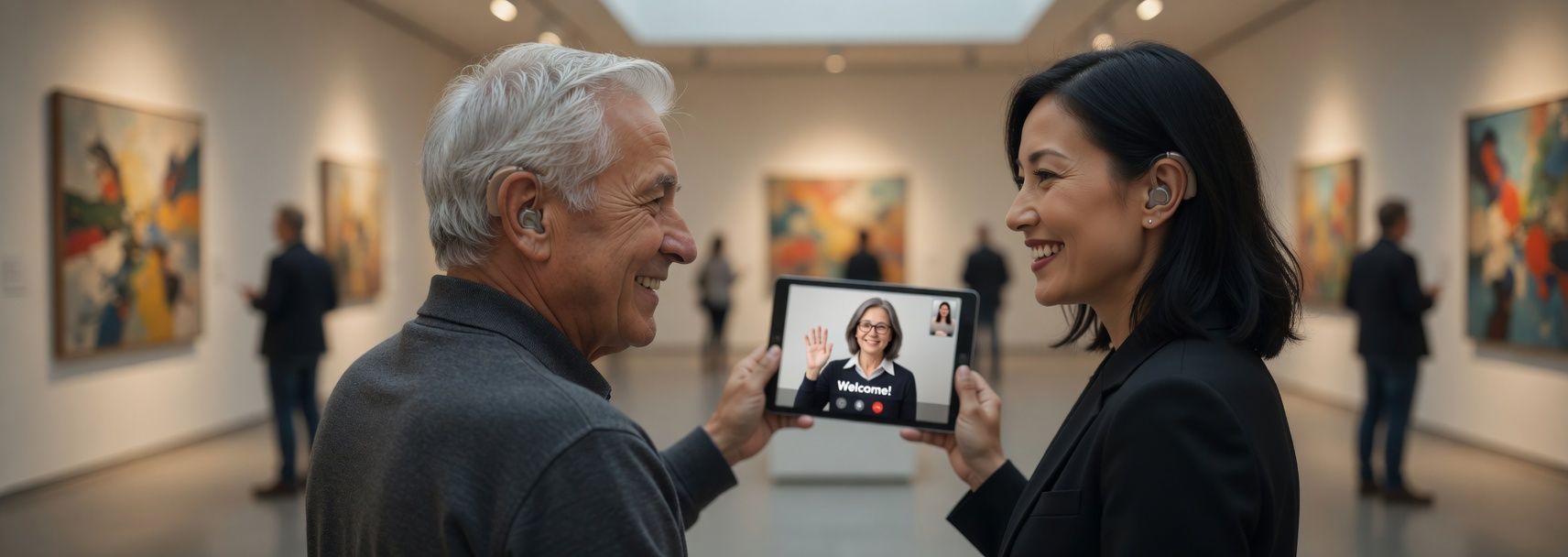 ADA WiFi Assisted Listening with Two people smiling while holding a tablet in an art gallery.
