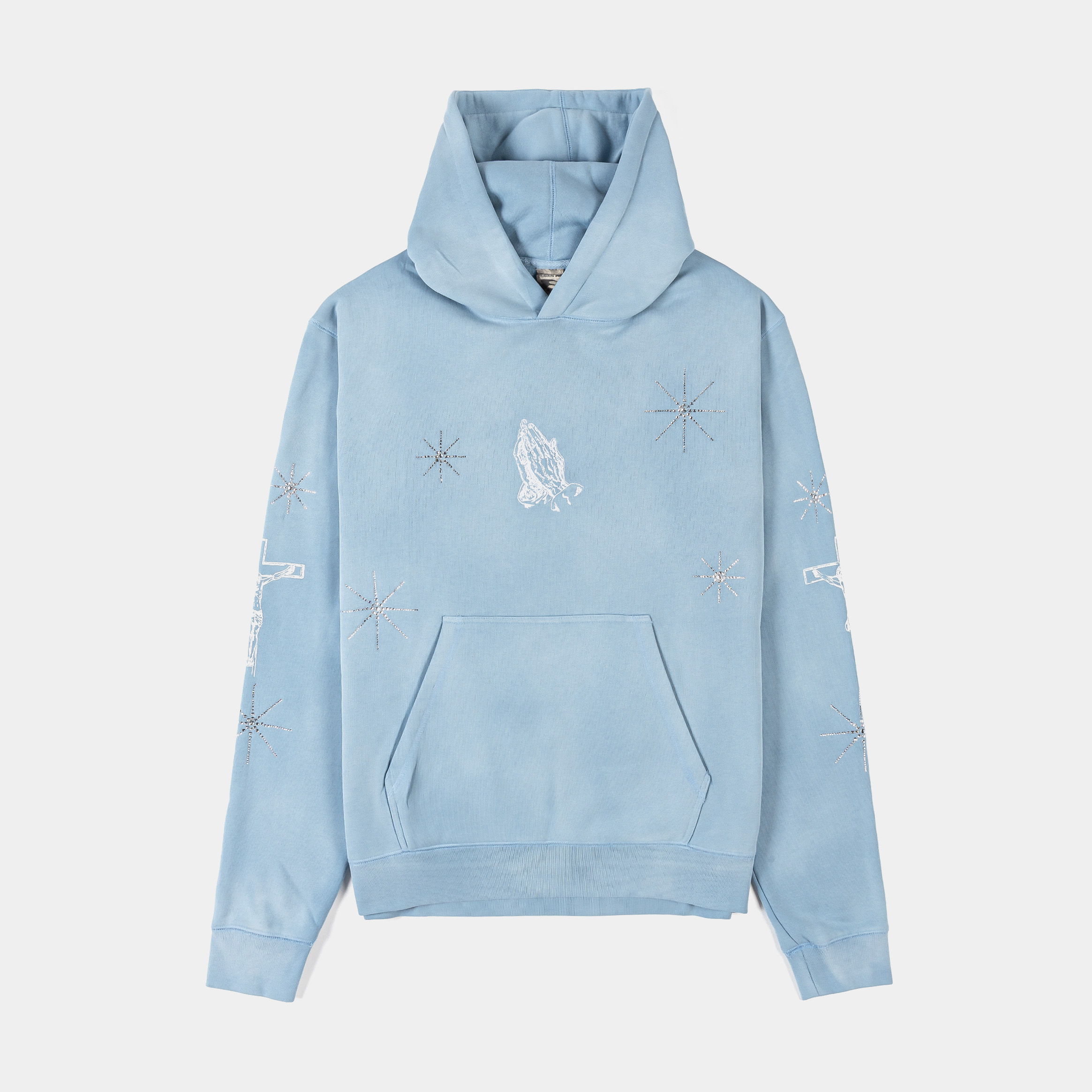 Light blue hoodie with a kangaroo pocket and decorative stitching.