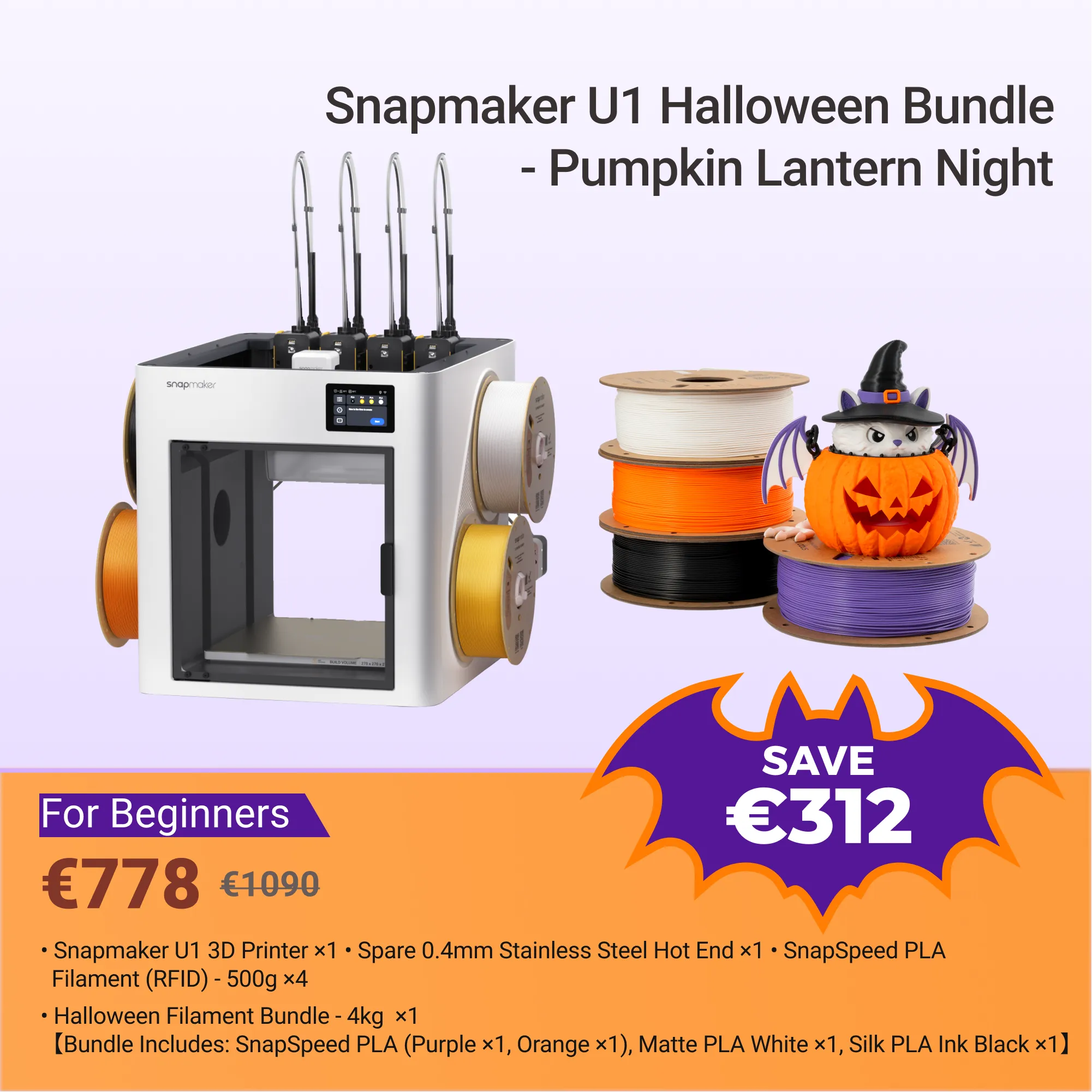 Snapmaker U1 Halloween-bundel met 3D-printer en filamentrollen.