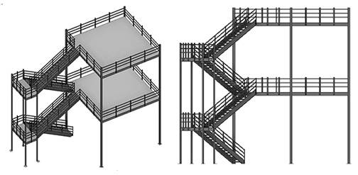 Multi-story mezzanine staircase tower stacked over top of each other.
