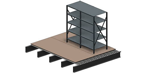 Point load on top of mezzanine floor with racking that creates a point load on the mezzanine floor.