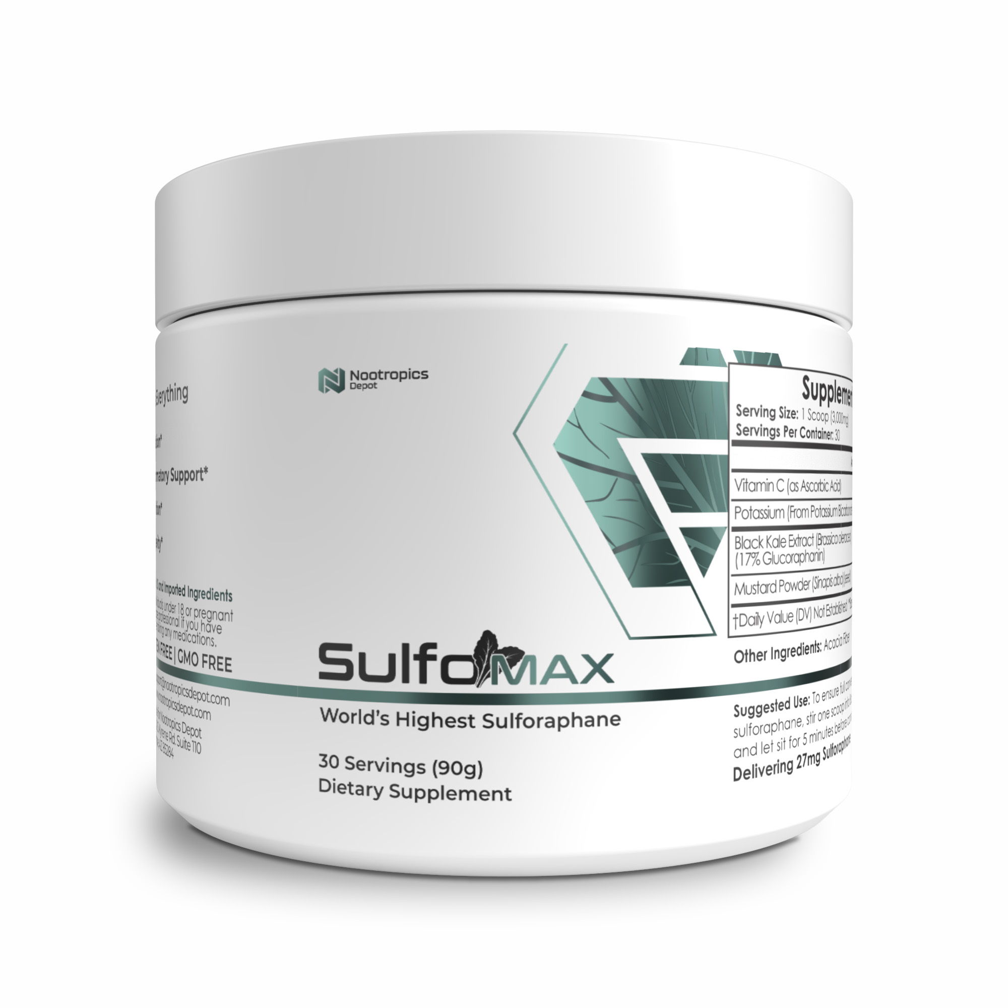 Container of SulfoMAX dietary supplement with product details and branding.