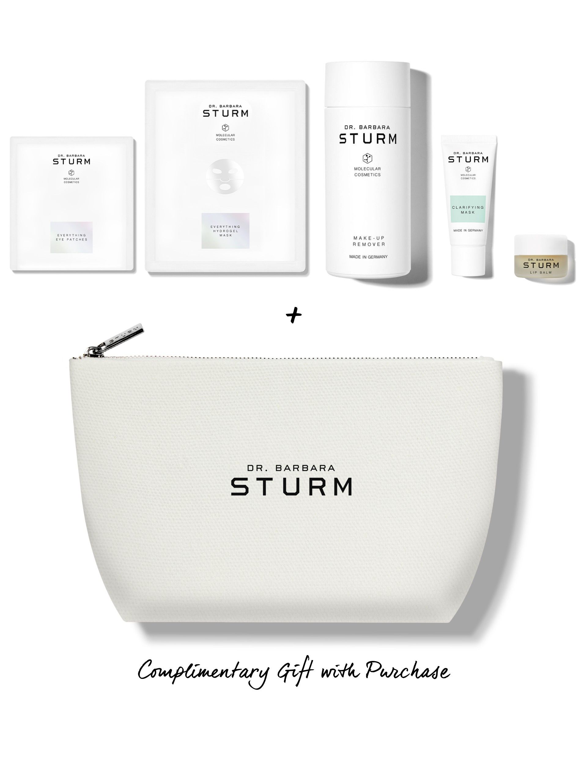 Skincare products and pouch labeled 