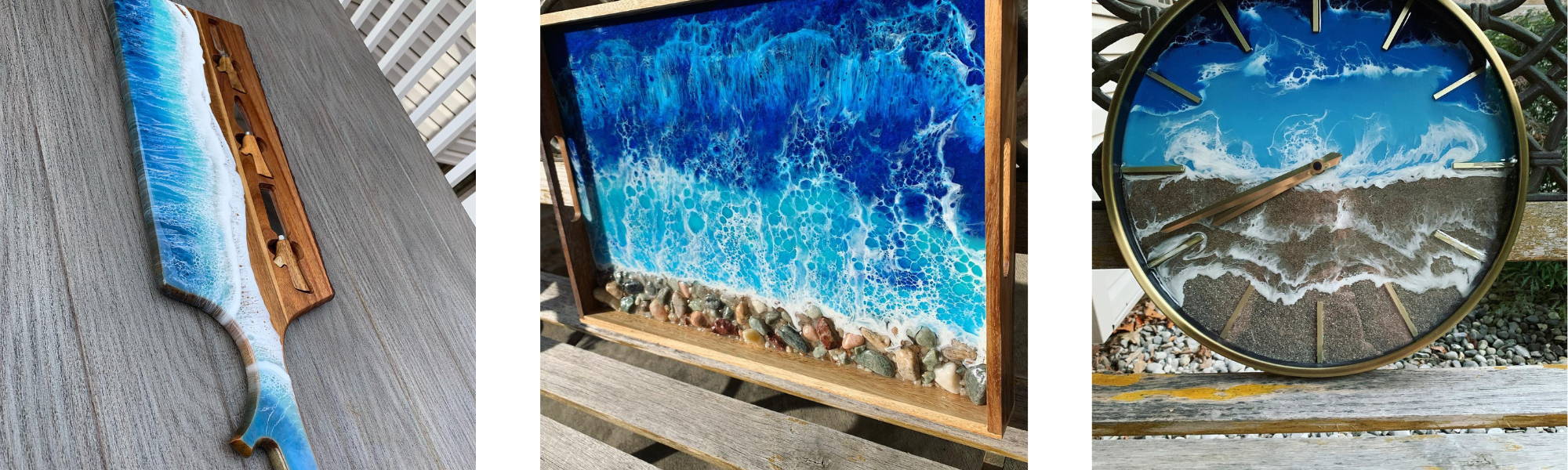 one image of an ocean art charcuterie board, an ocean art serving tray, and an ocean art wall clock