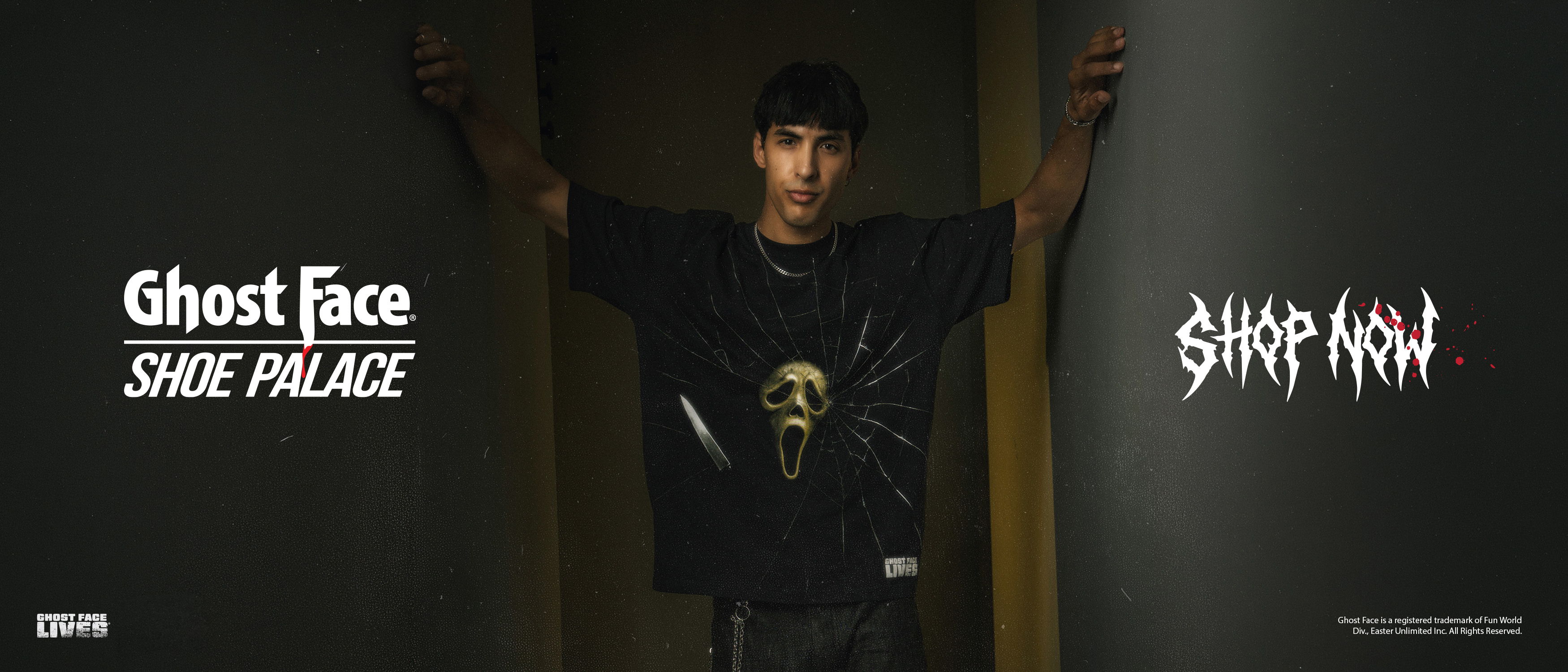 Person wearing a black shirt with text, standing between two graphic designs.