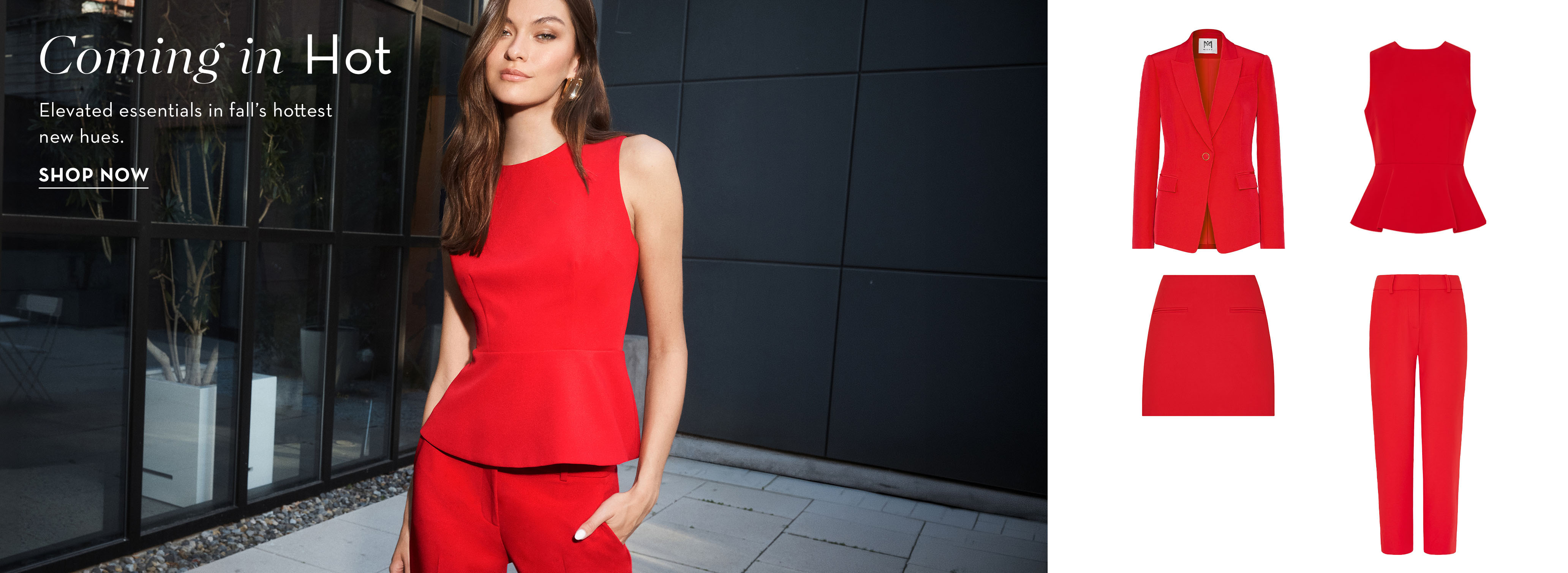 Model in red outfit with coordinating clothing items displayed beside her.