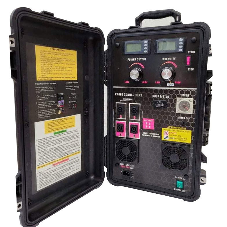 Portable electronic device with controls and display, housed in a rugged case.