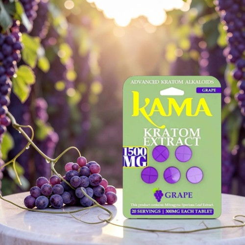 Kama Kratom extract packaging with grapes in a vineyard setting.