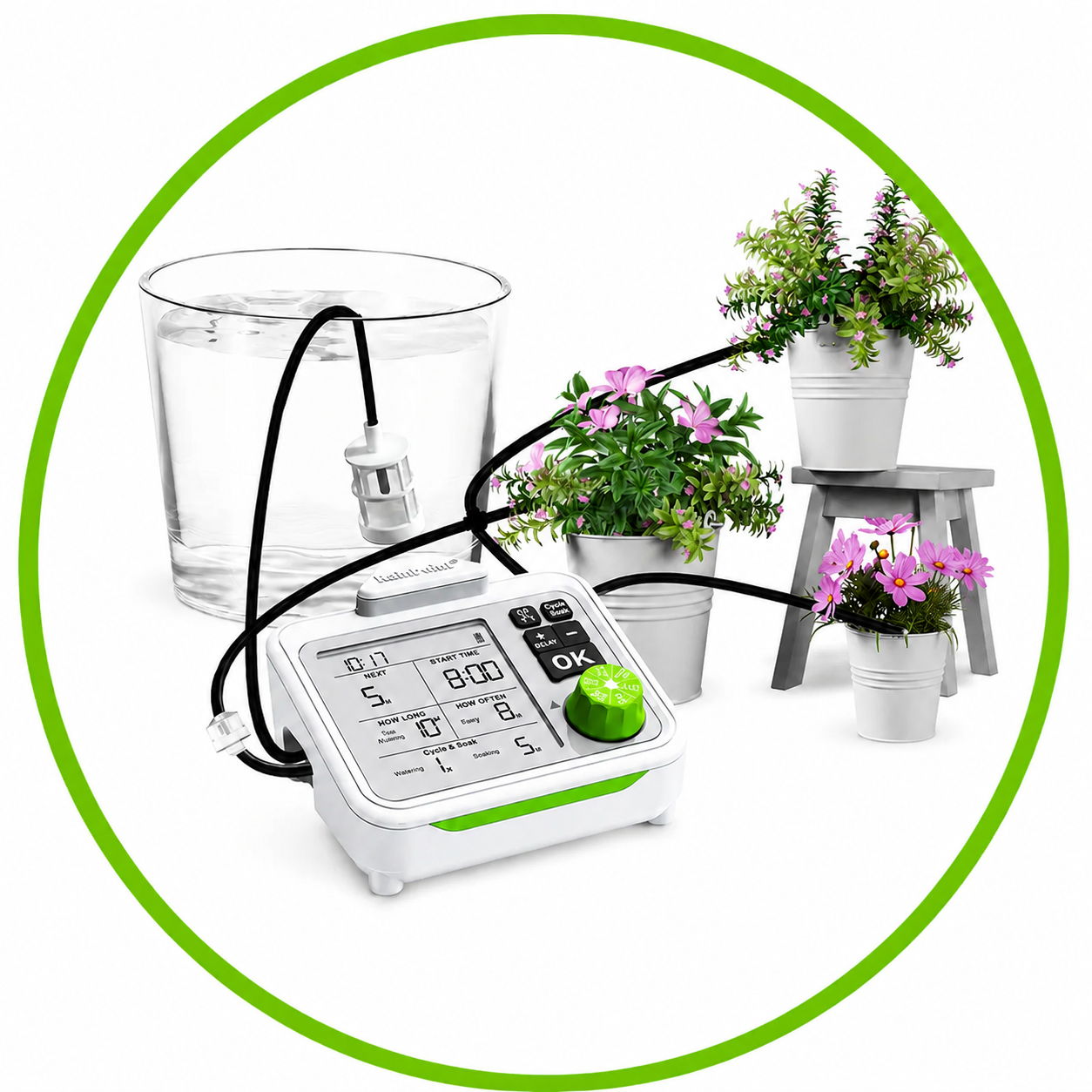 Device for monitoring plant health with pots and water container.