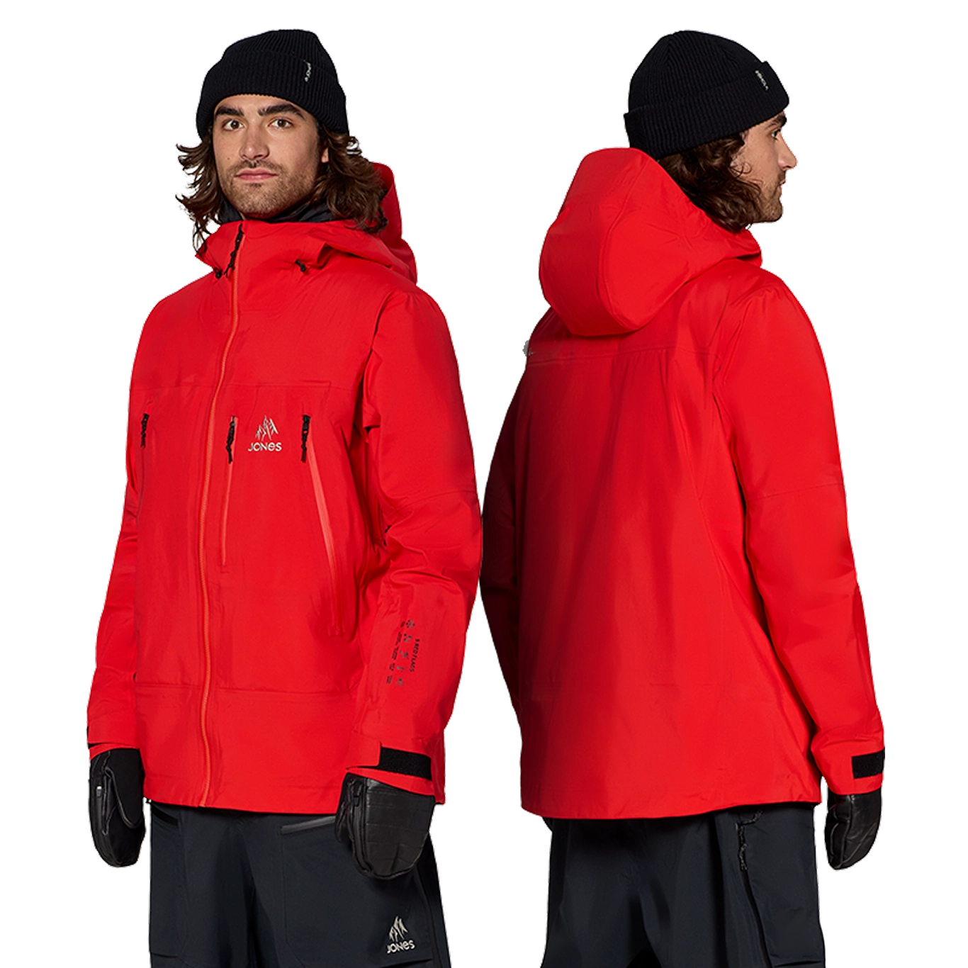 A person wearing a red jacket, viewed from the front and back.