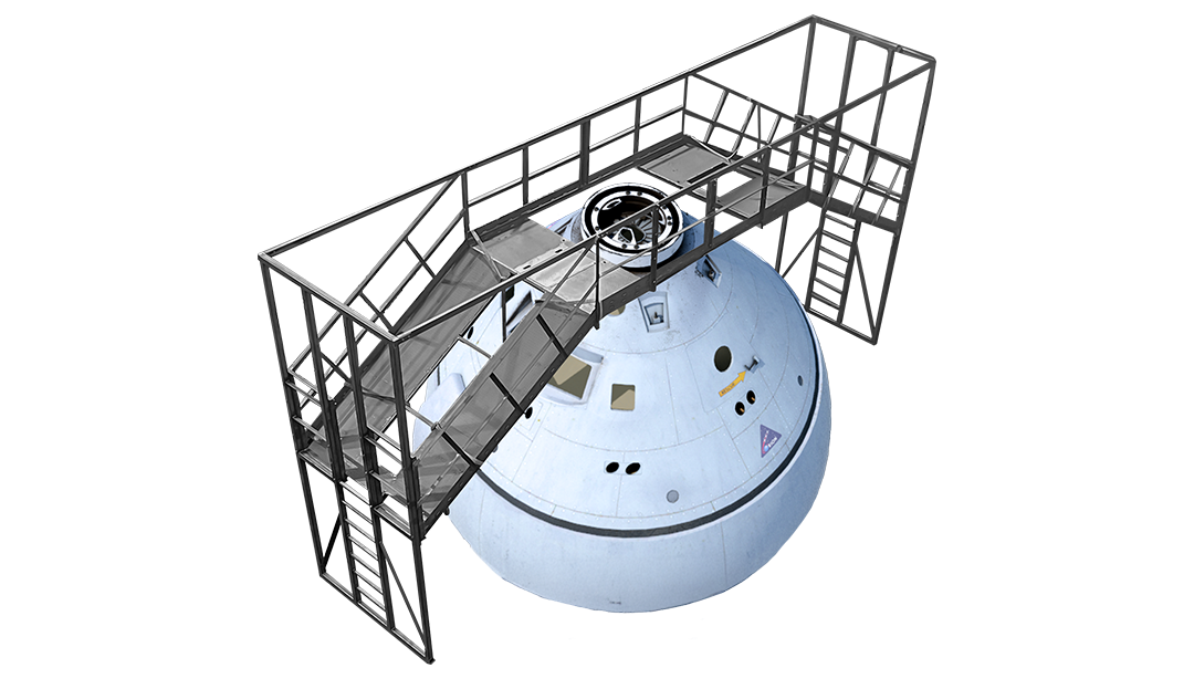 Custom overhead shuttle access platform surrounding spacecraft capsule for integration, inspection, and pre-launch operations