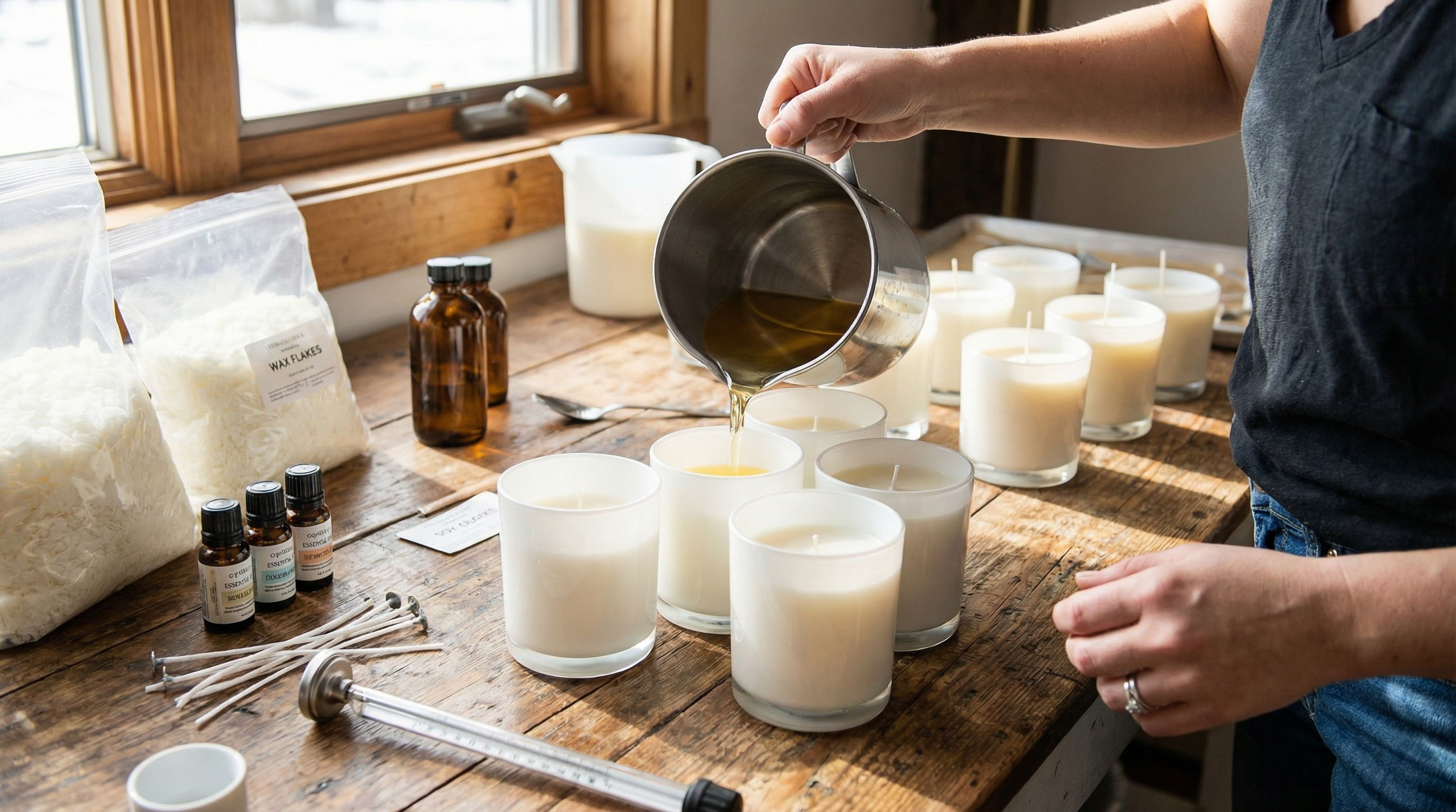 Person pouring wax into candle containers on a wooden table.