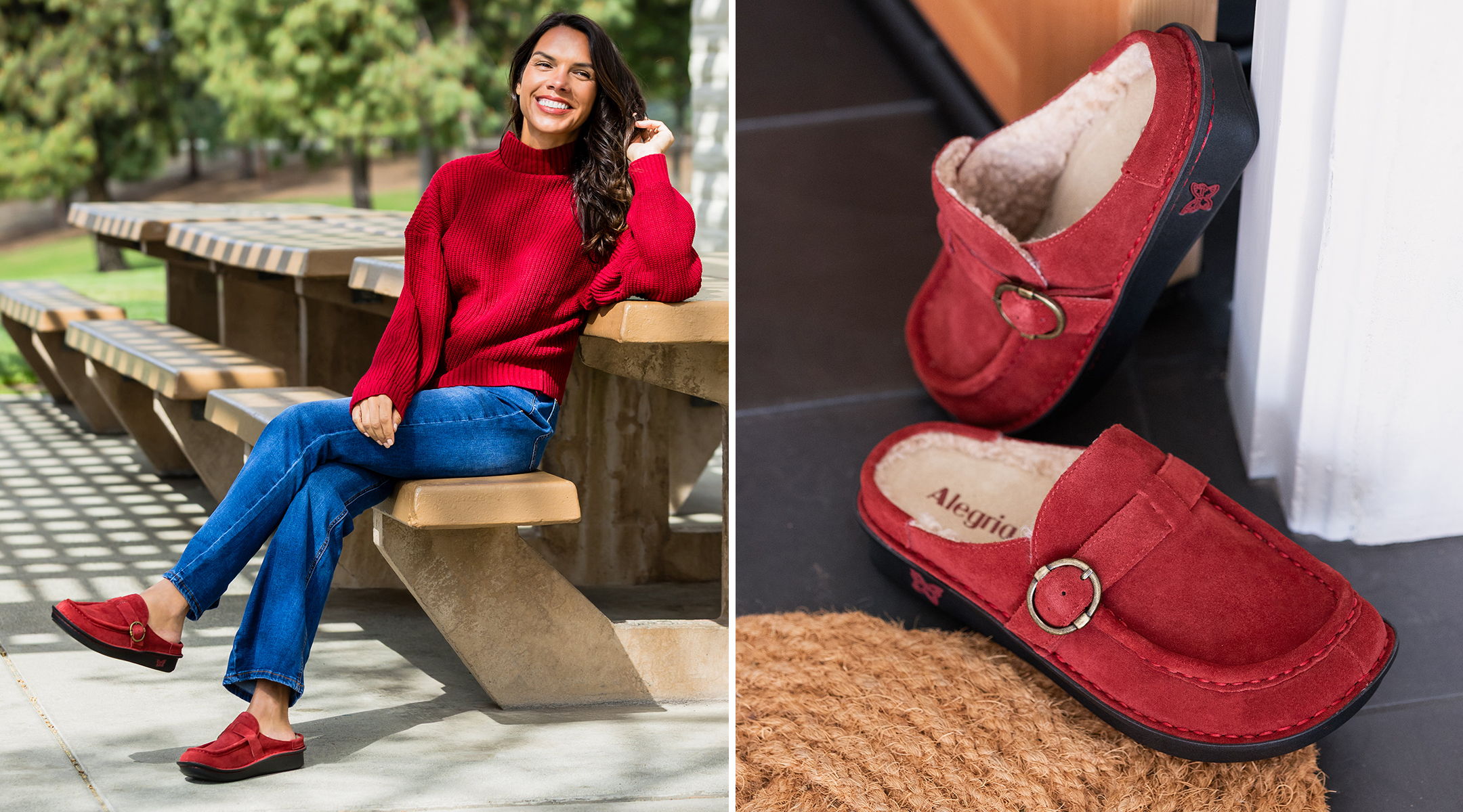 Model wearing Brigid Sangria clog | Alegria Shoes