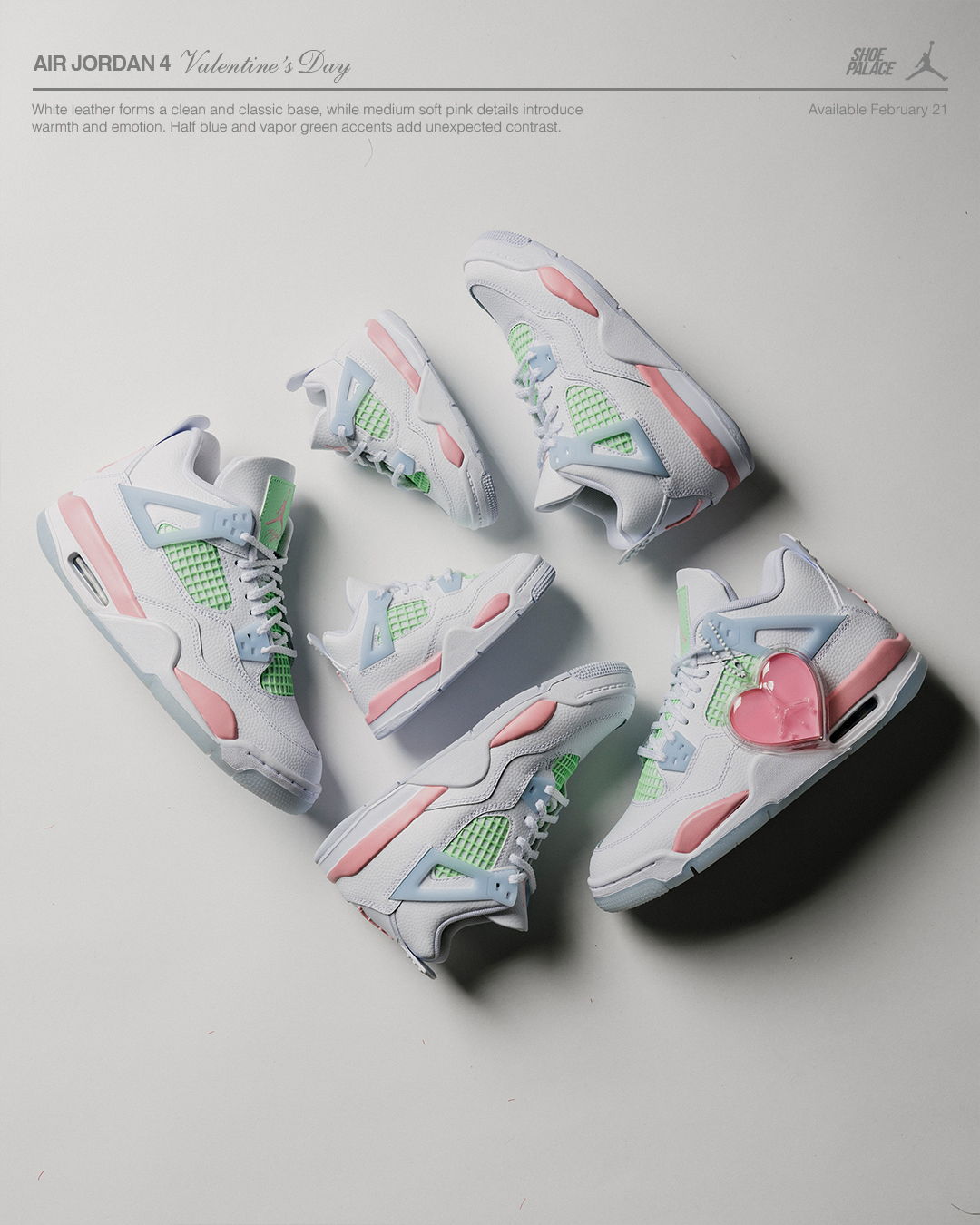 A collection of Air Jordan 4 sneakers in pastel colors for Valentine's Day.