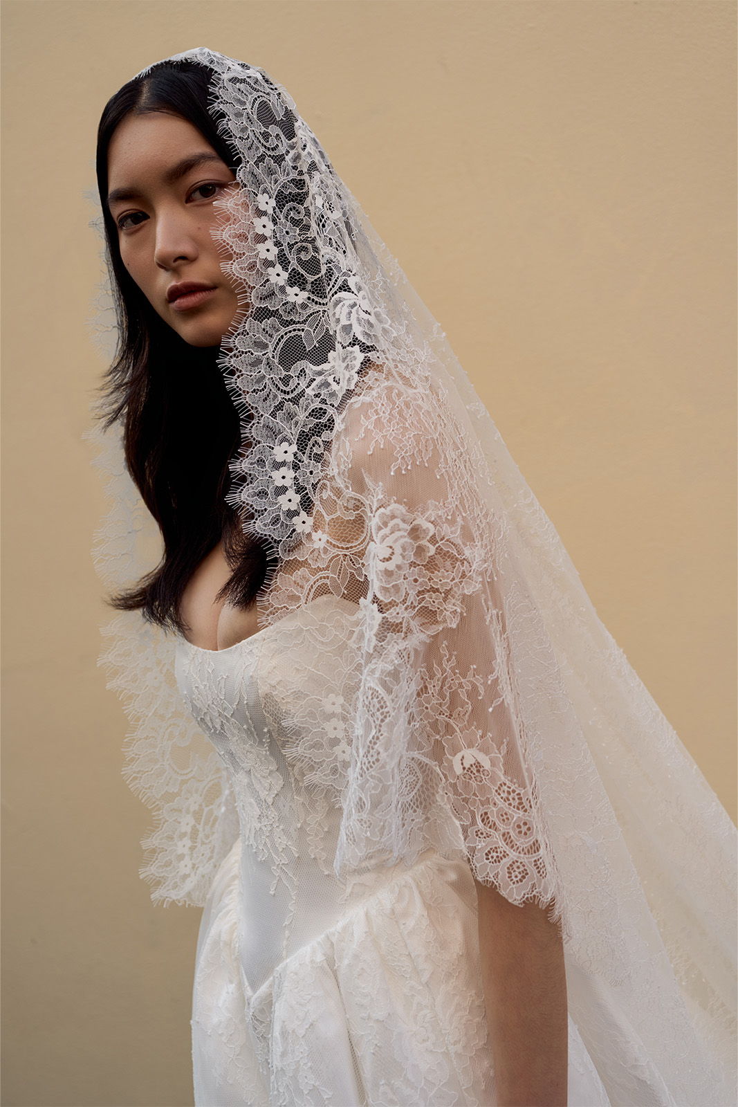 Woman in a bridal gown with a lace veil.