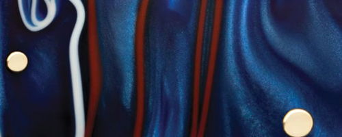 Abstract blue and red swirls with circular shapes.