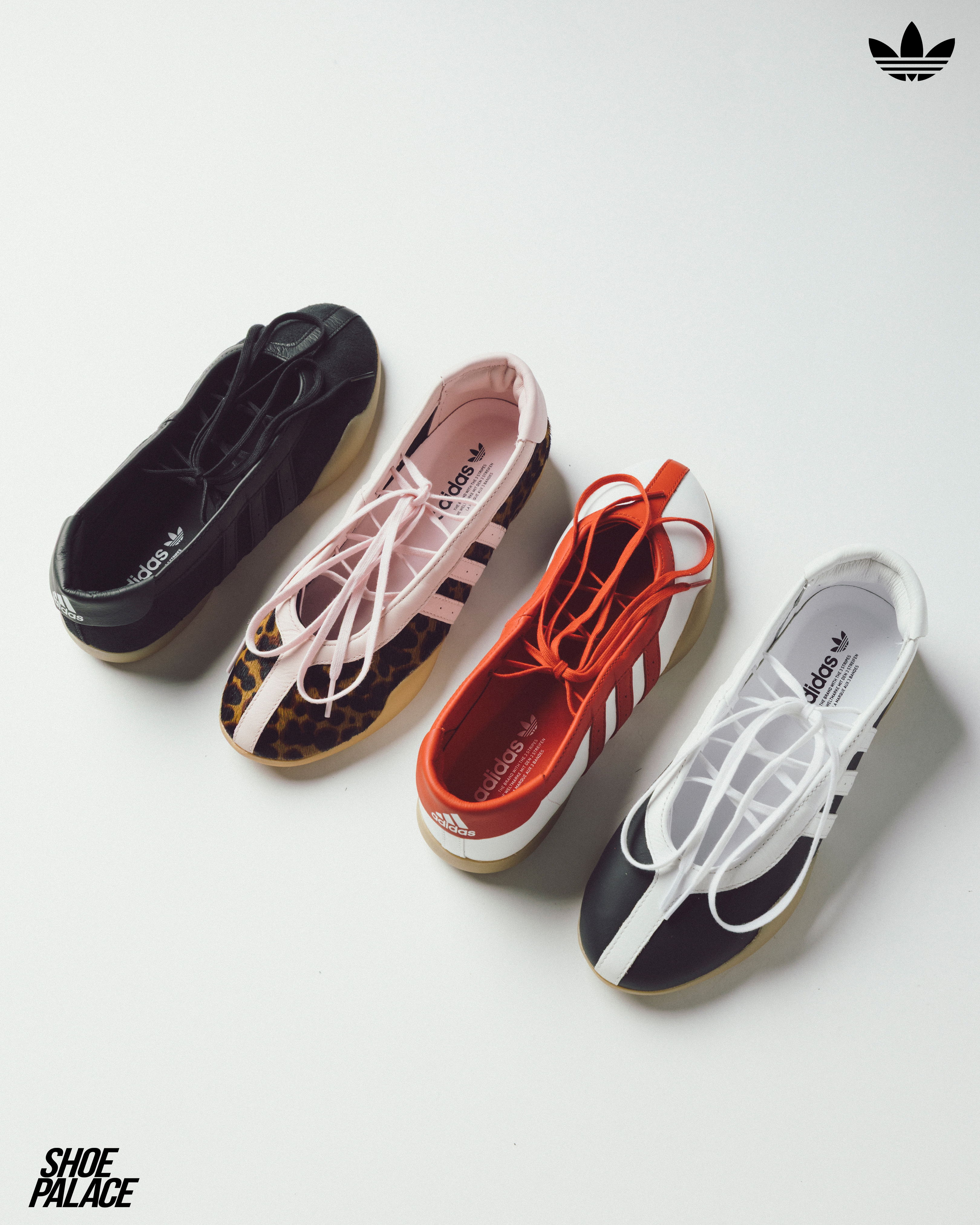 Four pairs of stylish sneakers in various colors and designs.