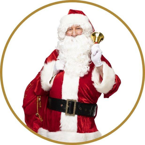 Santa Claus ringing a gold bell