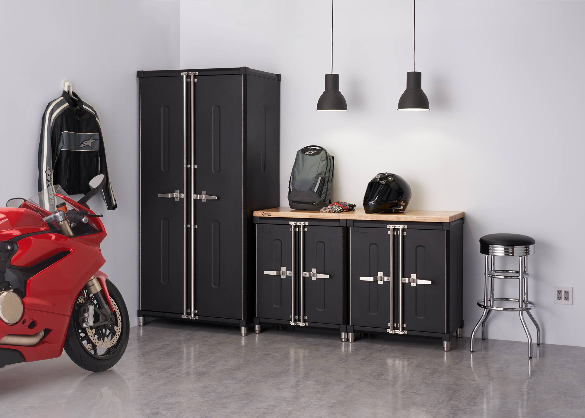 5 piece garage cabinet with tall locker cabinet and 2 base cabinet and wood top