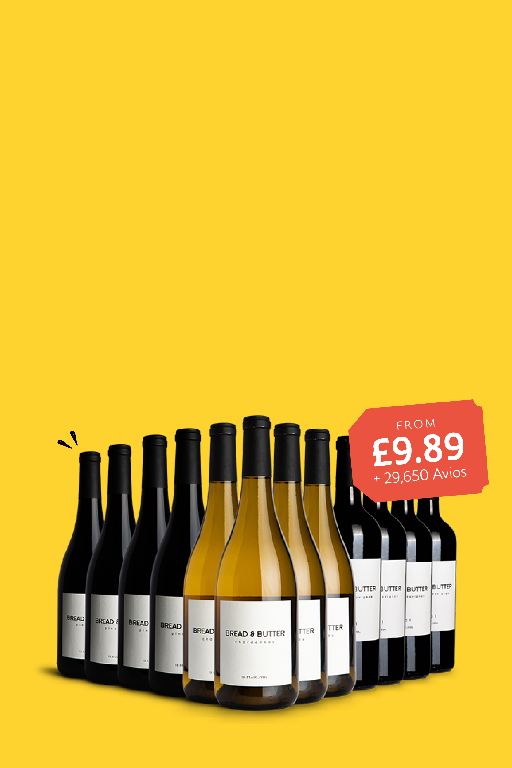 Assorted wine bottles with a price tag on a yellow background.