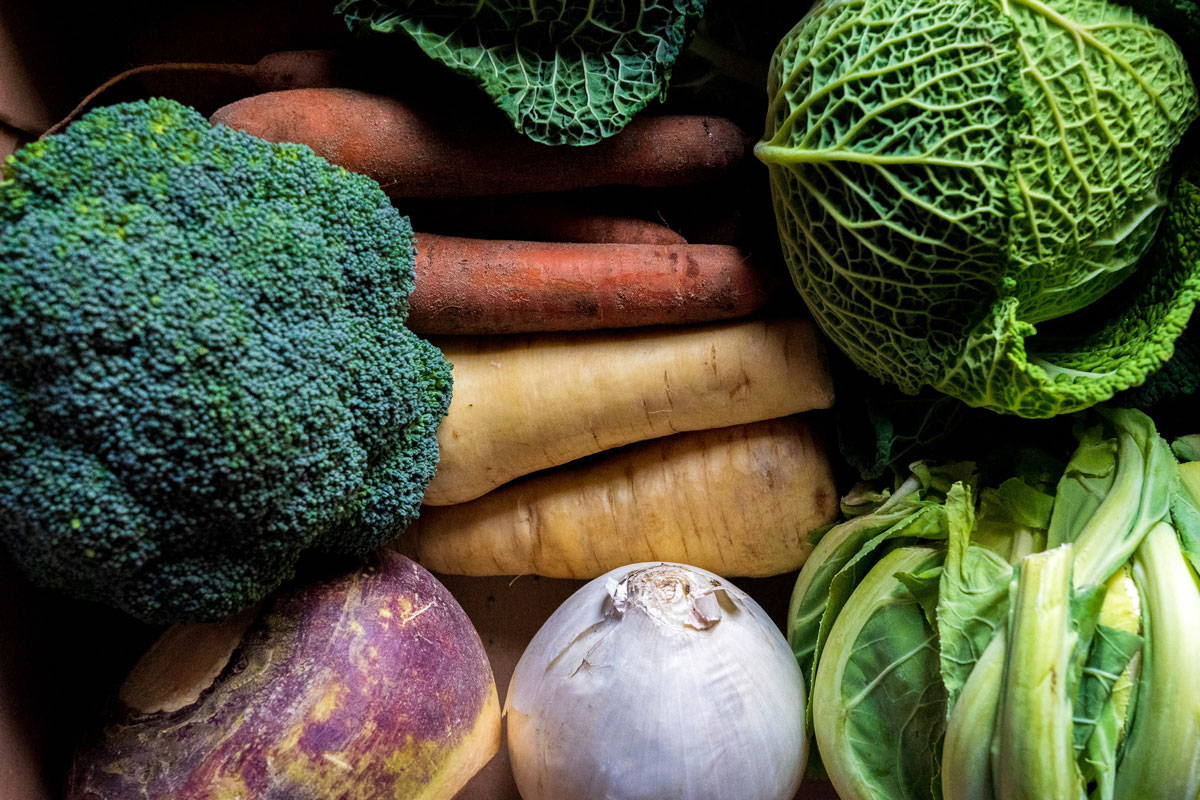 Overhead view of carrots, broccoli, onions, cabbage, cauliflower and turnip