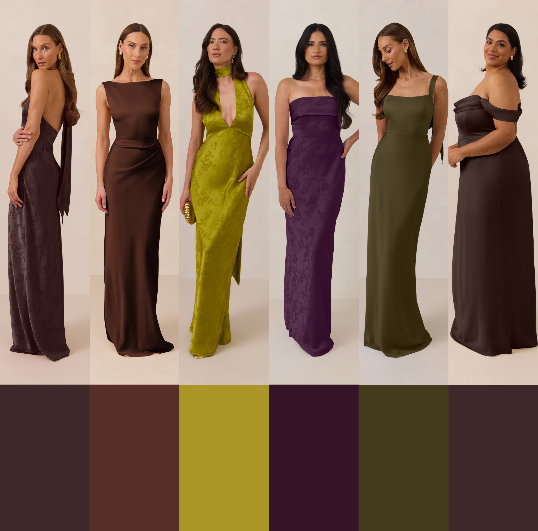 Six fabric swatches in various dark colors with labels.