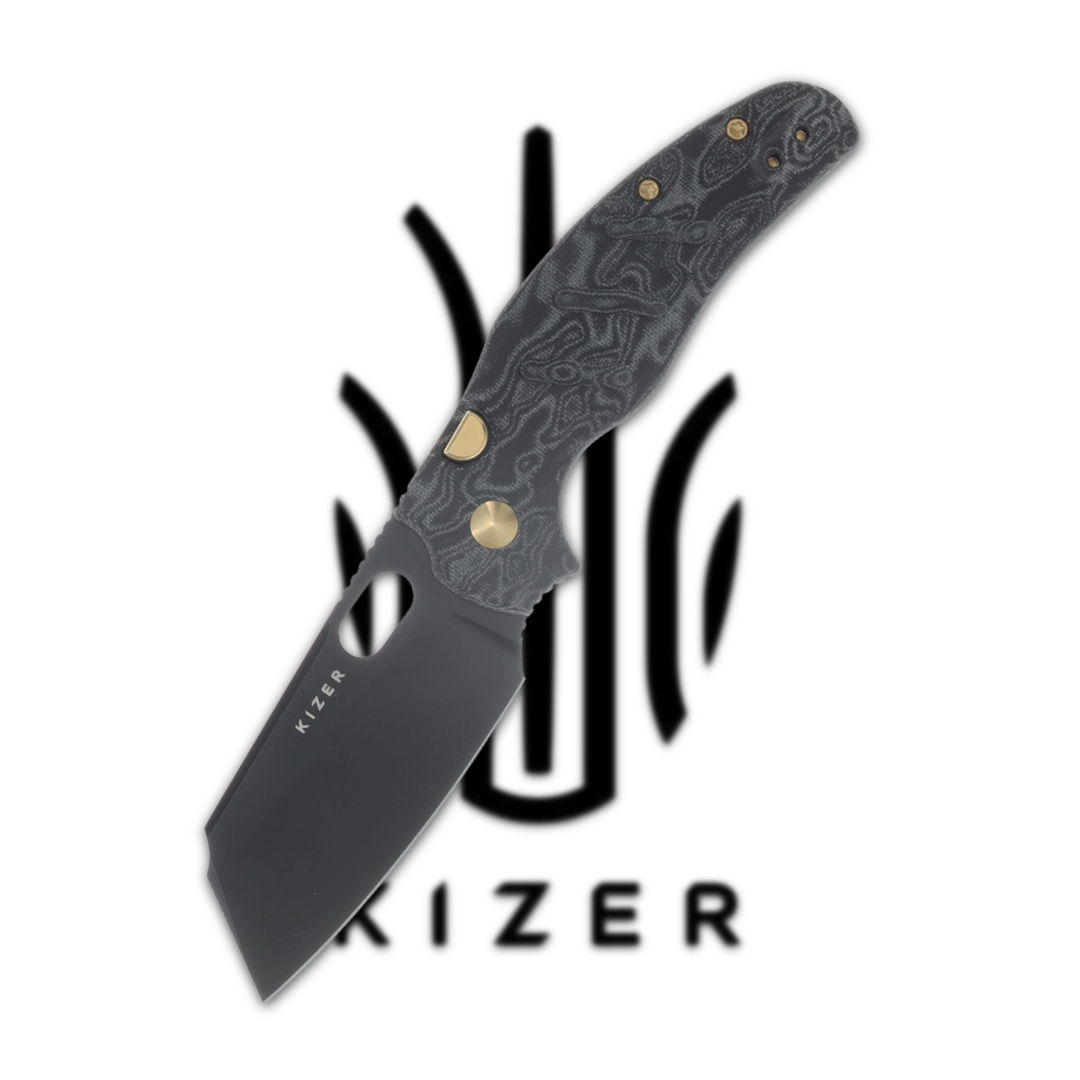 Folding knife with a black blade and patterned handle, Kizer logo in background.