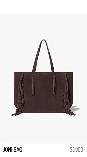 Brown suede tote bag with fringe details, labeled as 