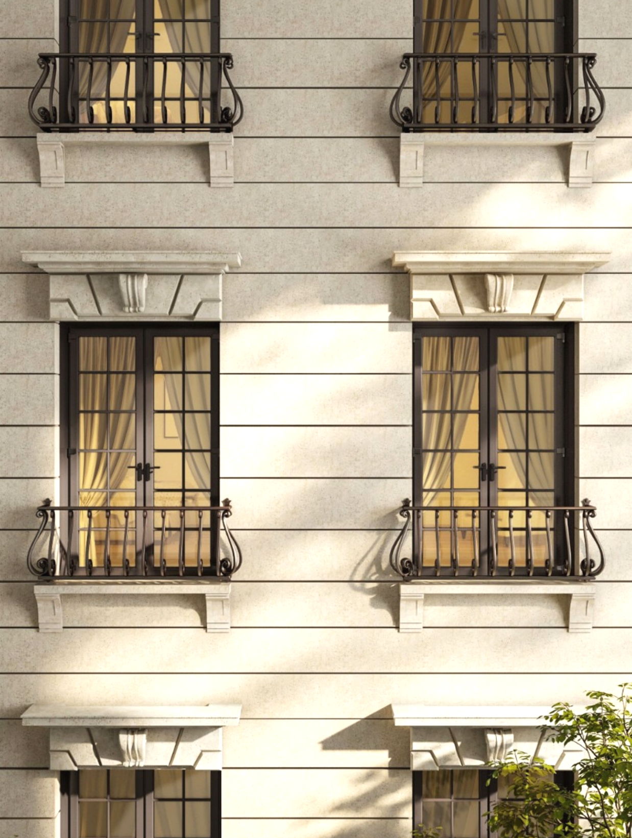 Four windows with balconies and curtains on a building facade.