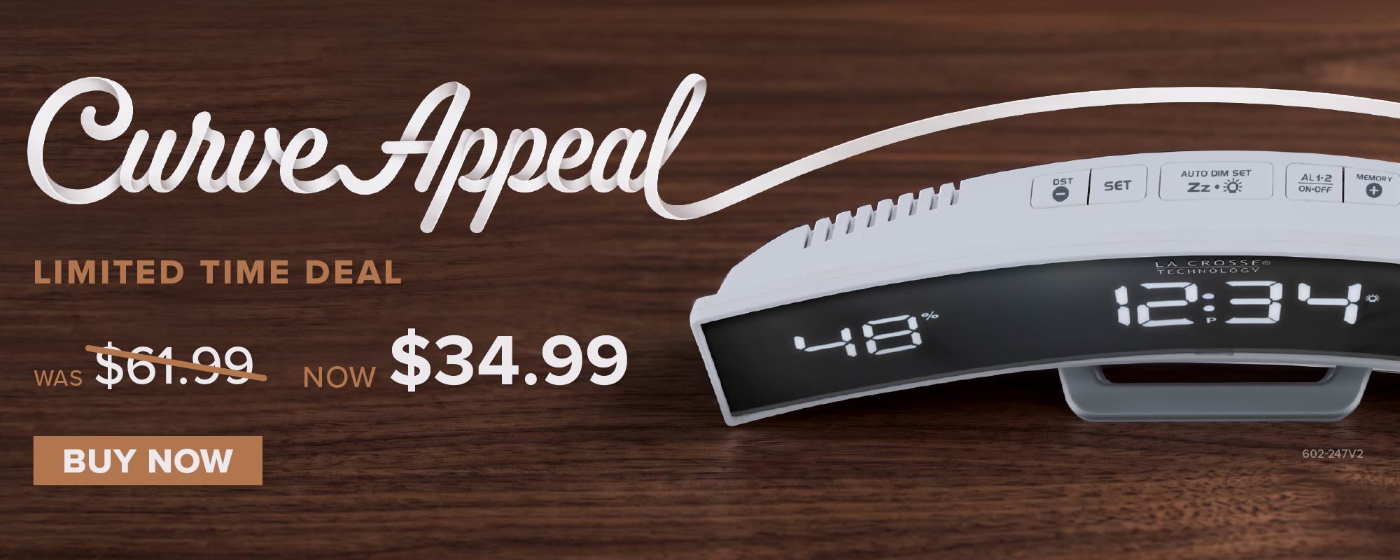 Curve Appeal, Limited Time Deal on the 602-247v2 Curved Mirror LED Alarm Clock, originally $61.99, now $34.99.