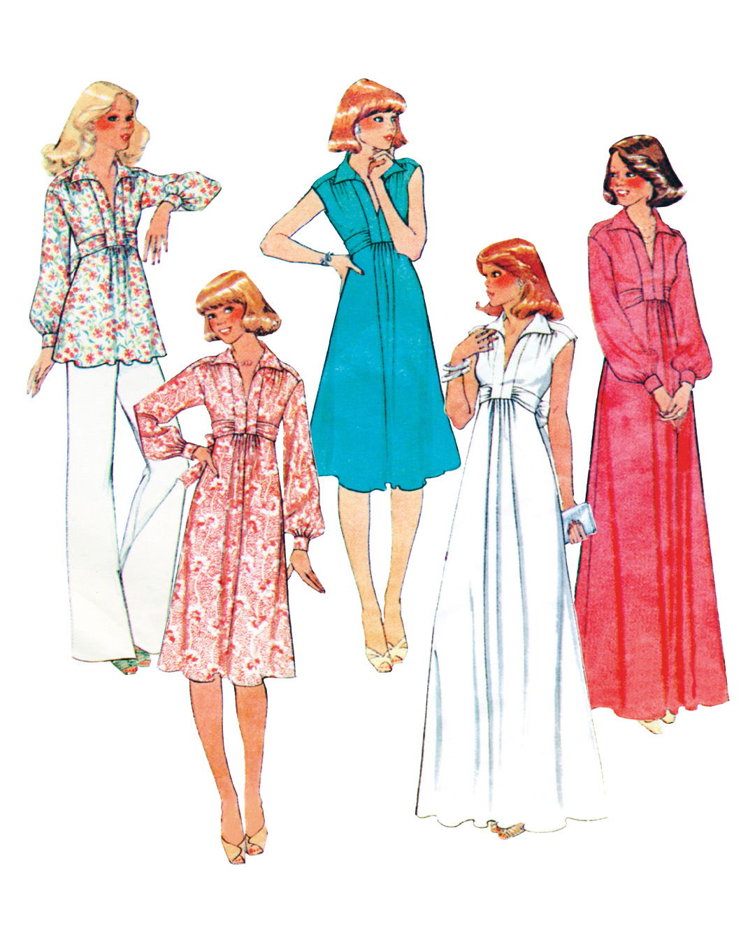 Five fashion illustrations of women in various dresses from the 1970s.
