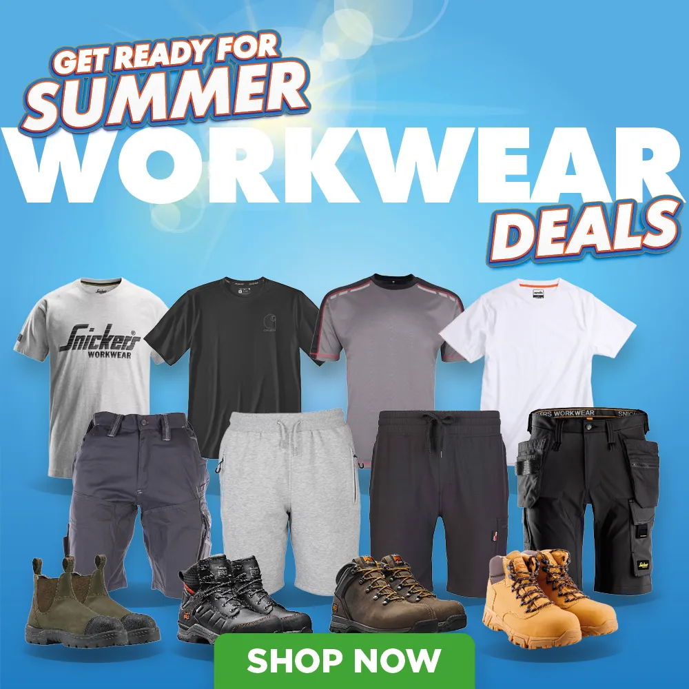 Summer workwear deals with clothing and boots displayed. Shop now!