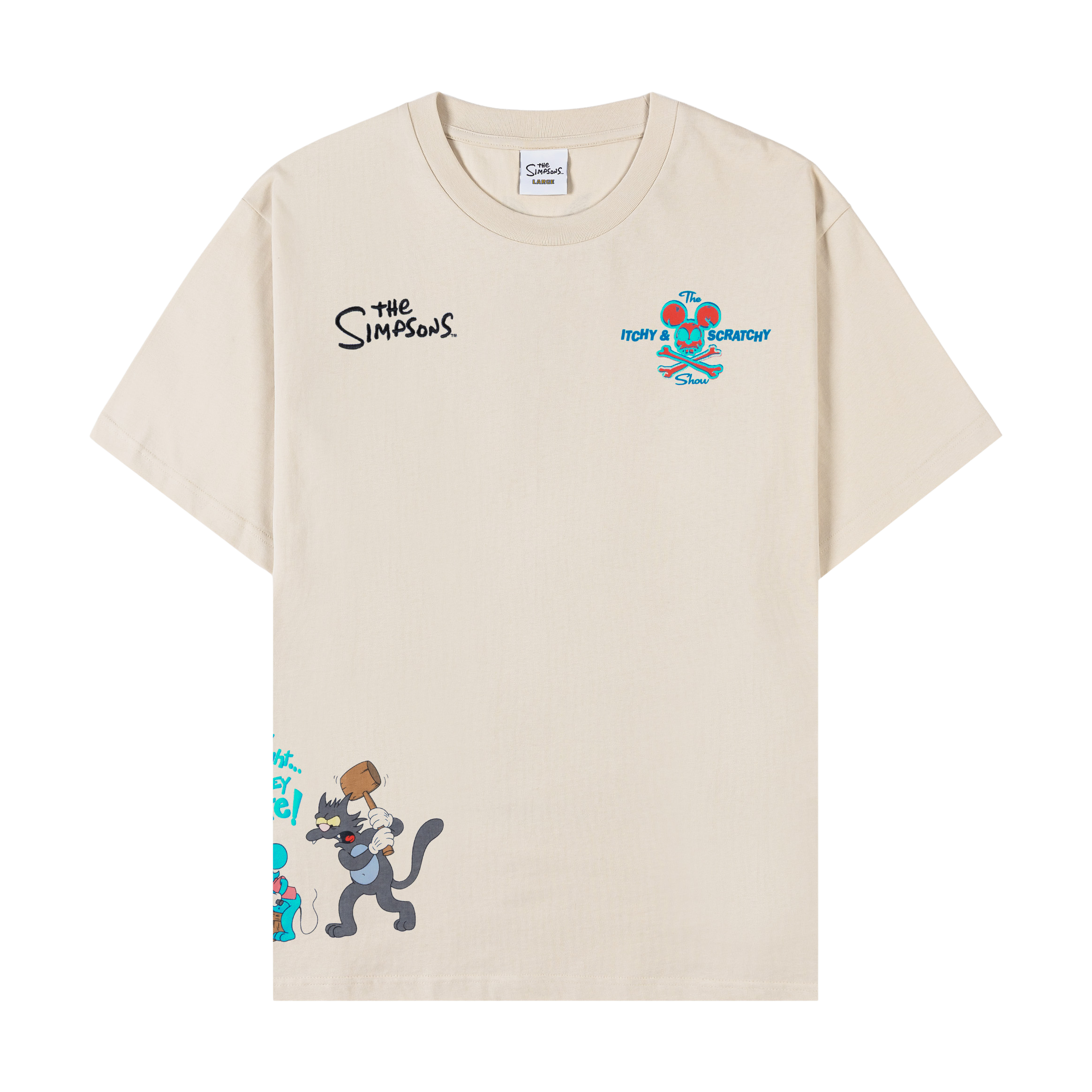 Beige t-shirt featuring cartoon characters and colorful graphics.
