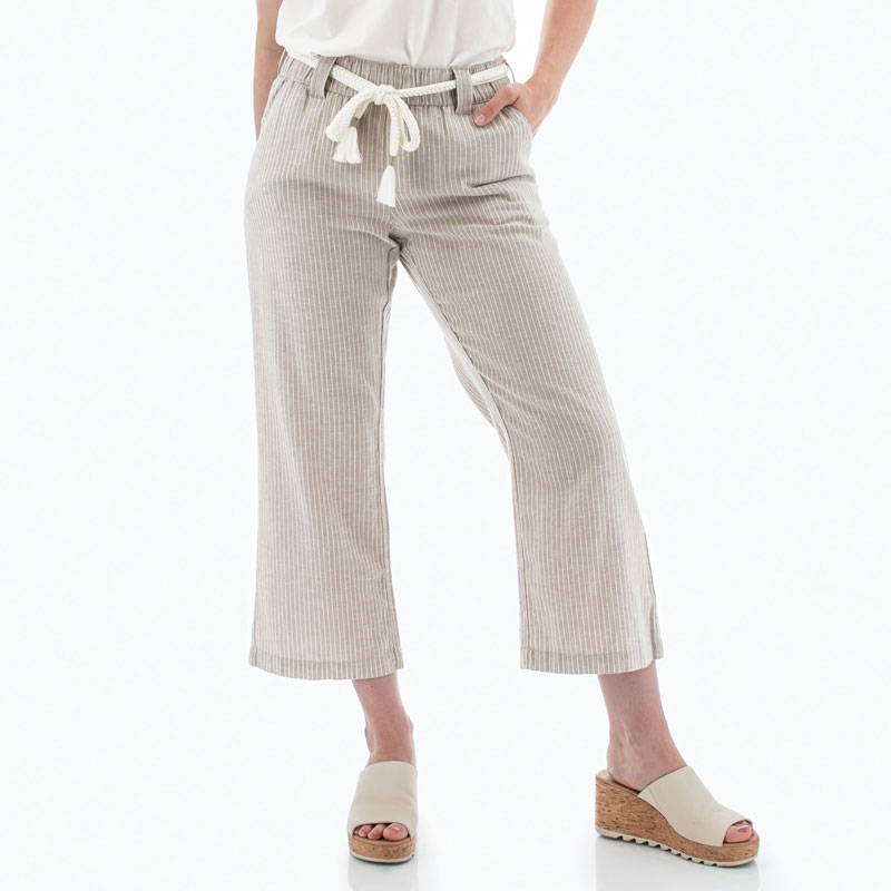 Detail view of striped Monterey crop pants in light brown color.