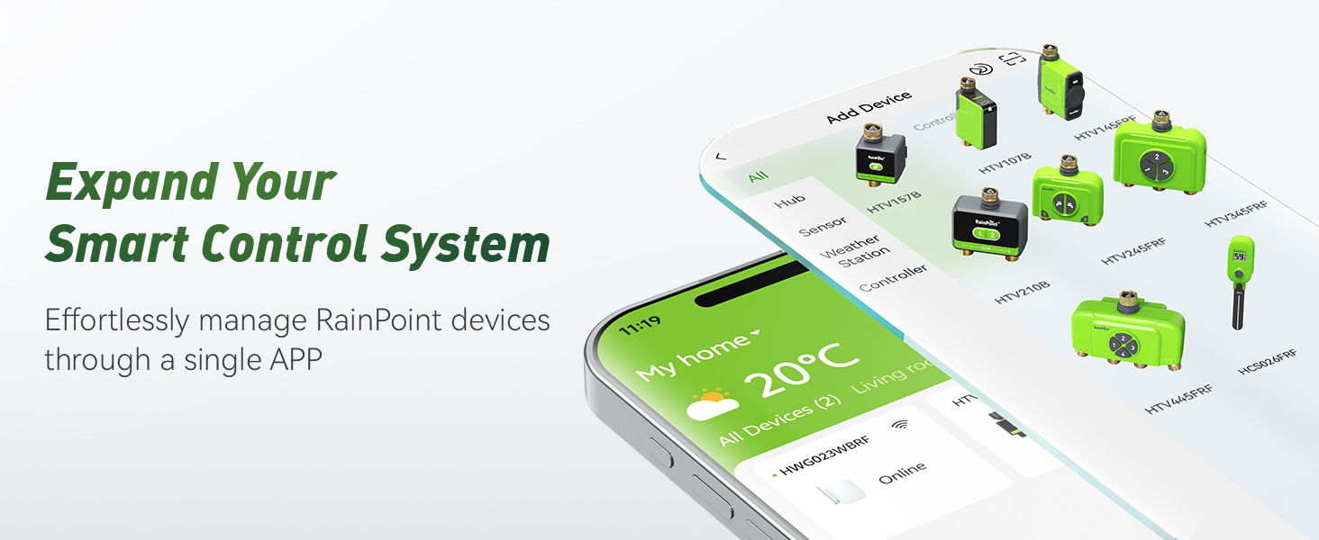 Smart control system with app interface and connected devices.
