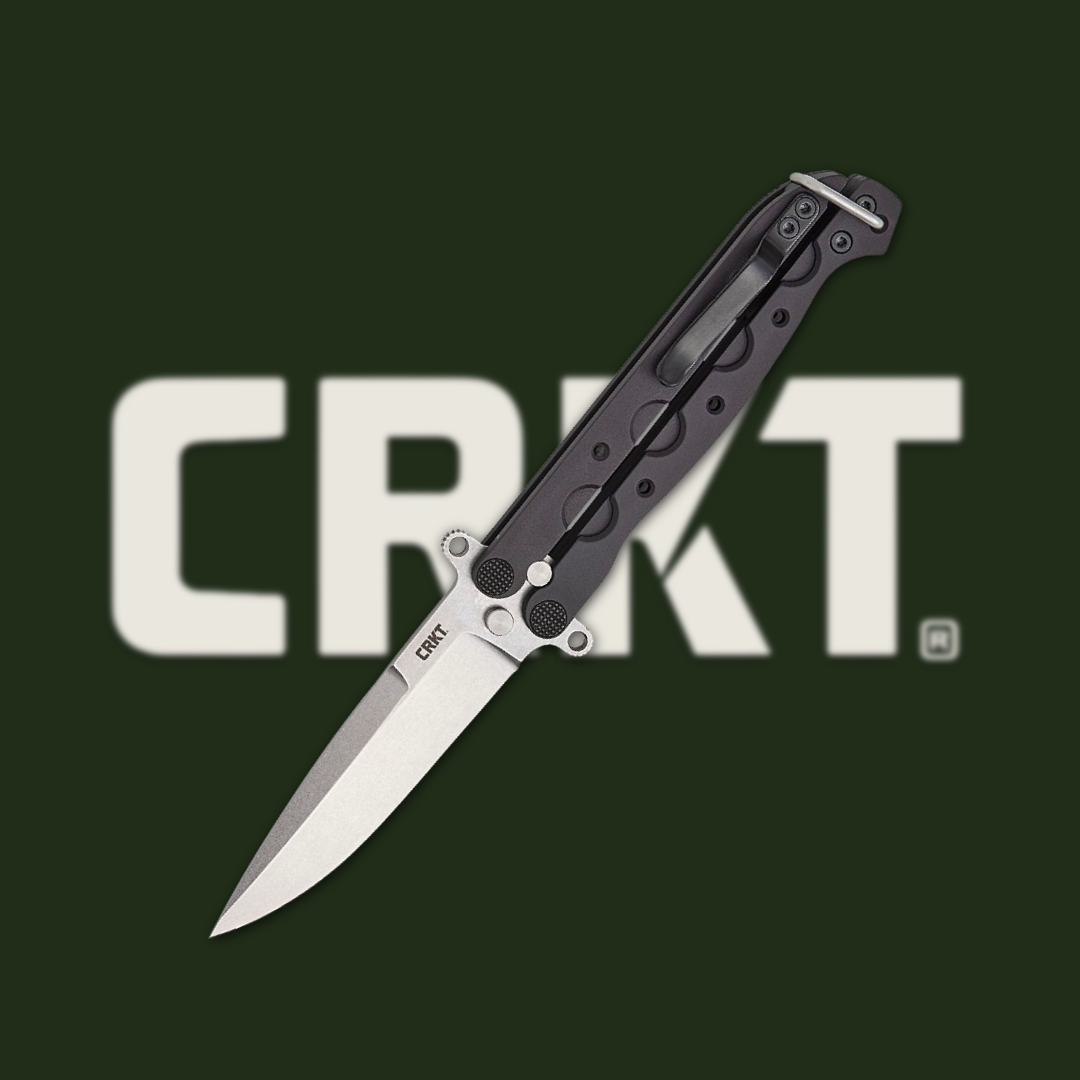 A folding knife with a black handle and silver blade on a logo background.