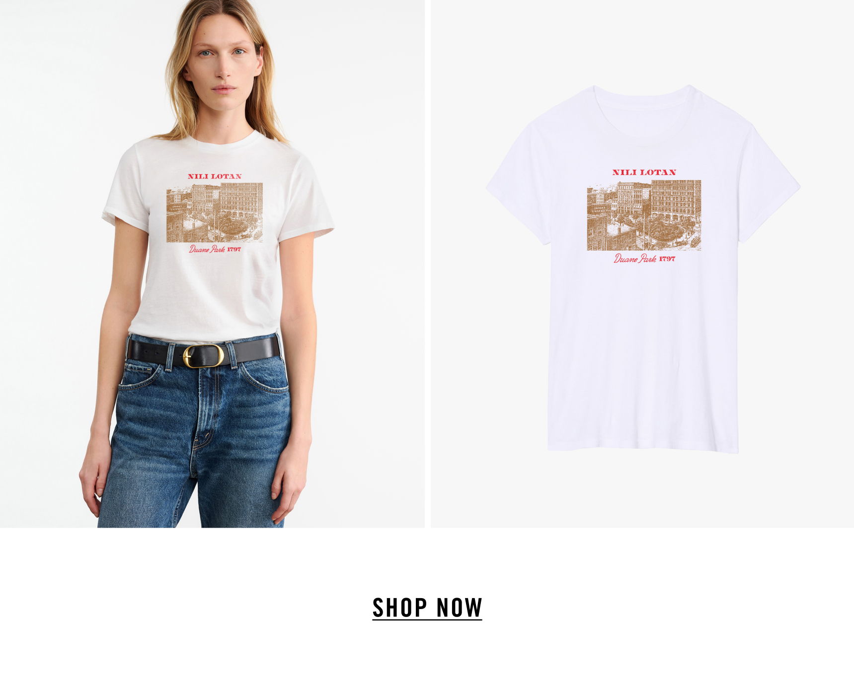 Woman wearing a white t-shirt with a graphic design, beside a product image.